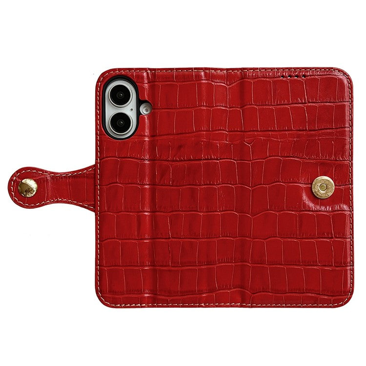 For iPhone 16 Case Crocodile Texture Genuine Cow Leather Wallet Phone Cover - Red