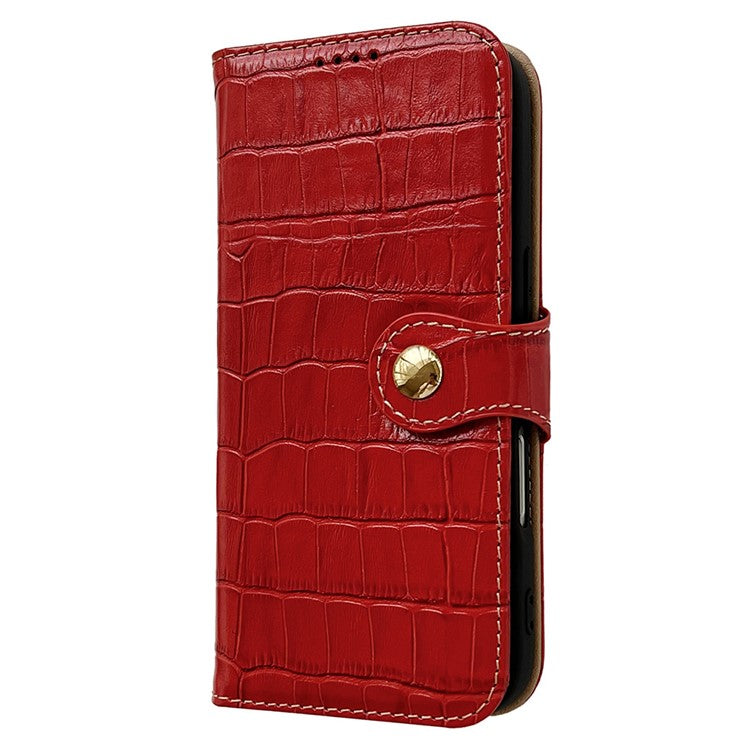 For iPhone 16 Case Crocodile Texture Genuine Cow Leather Wallet Phone Cover - Red