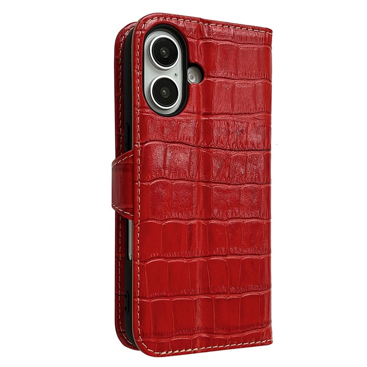 For iPhone 16 Case Crocodile Texture Genuine Cow Leather Wallet Phone Cover - Red