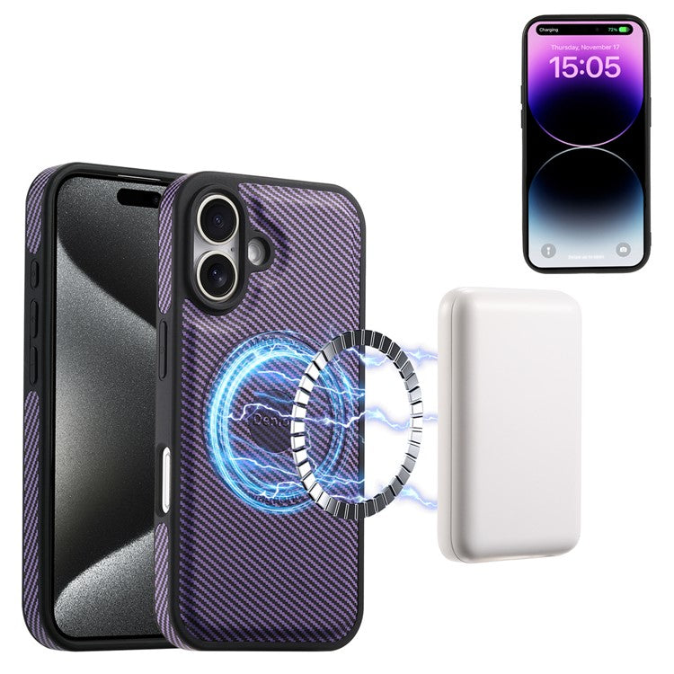 DENIOR For iPhone 16 Case Compatible with MagSafe Carbon Fiber Texture Leather Back Cover - Purple