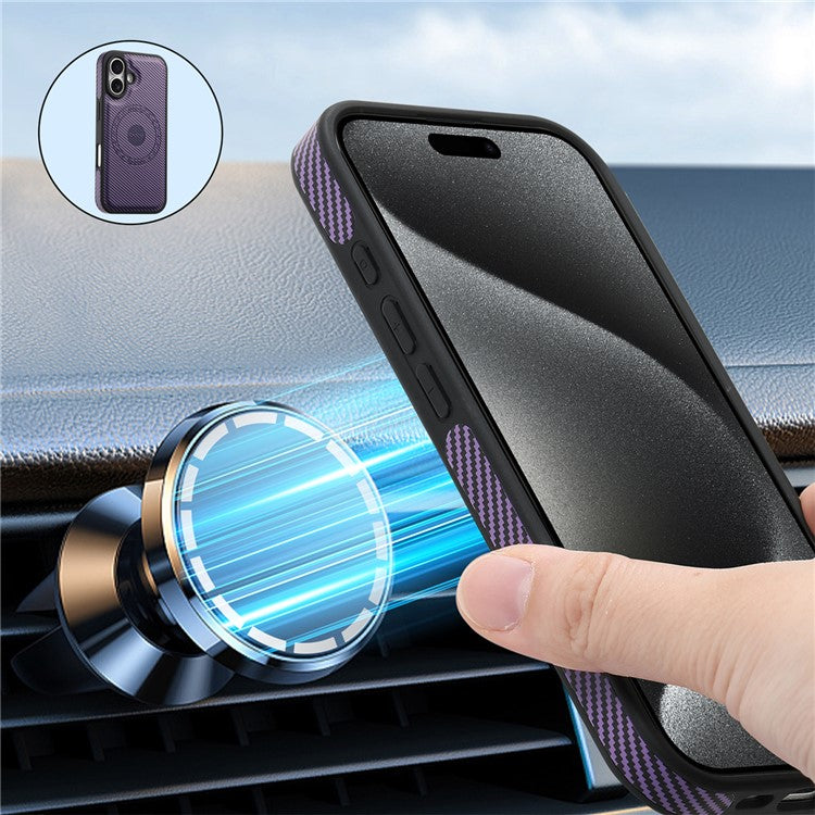 DENIOR For iPhone 16 Case Compatible with MagSafe Carbon Fiber Texture Leather Back Cover - Purple