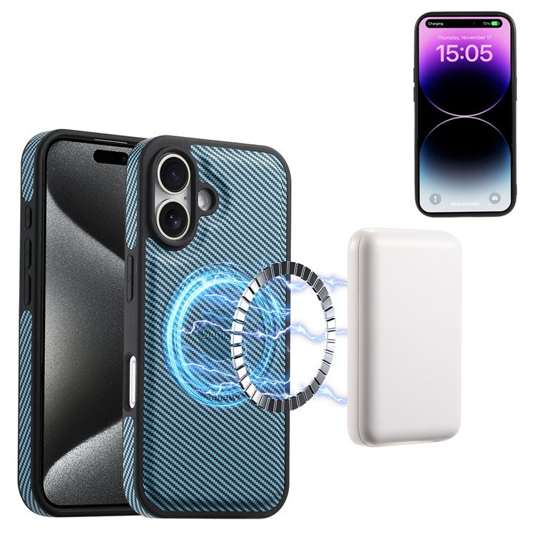 DENIOR For iPhone 16 Plus Case Compatible with MagSafe Carbon Fiber Texture Leather Back Cover - Blue