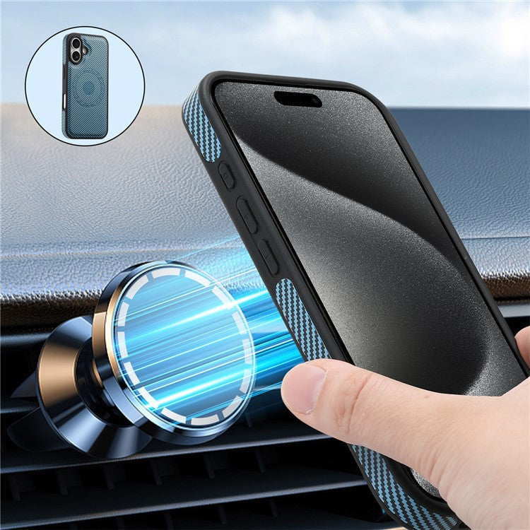 DENIOR For iPhone 16 Plus Case Compatible with MagSafe Carbon Fiber Texture Leather Back Cover - Blue