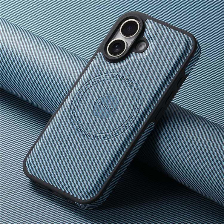 DENIOR For iPhone 16 Plus Case Compatible with MagSafe Carbon Fiber Texture Leather Back Cover - Blue