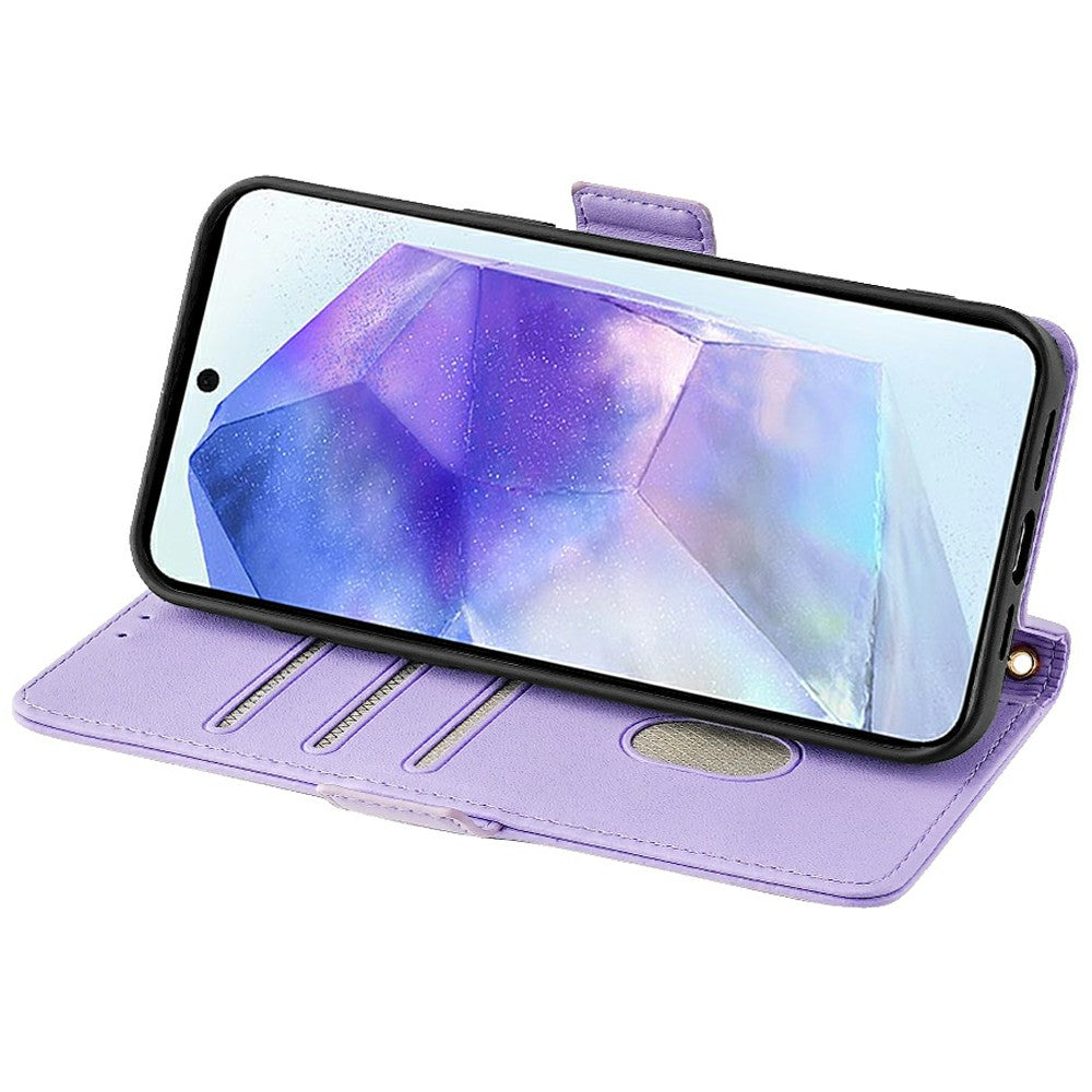 For Samsung Galaxy A16 5G / A16 4G Leather Wallet Case RFID Blocking Stand Cover with Hand Strap - Purple