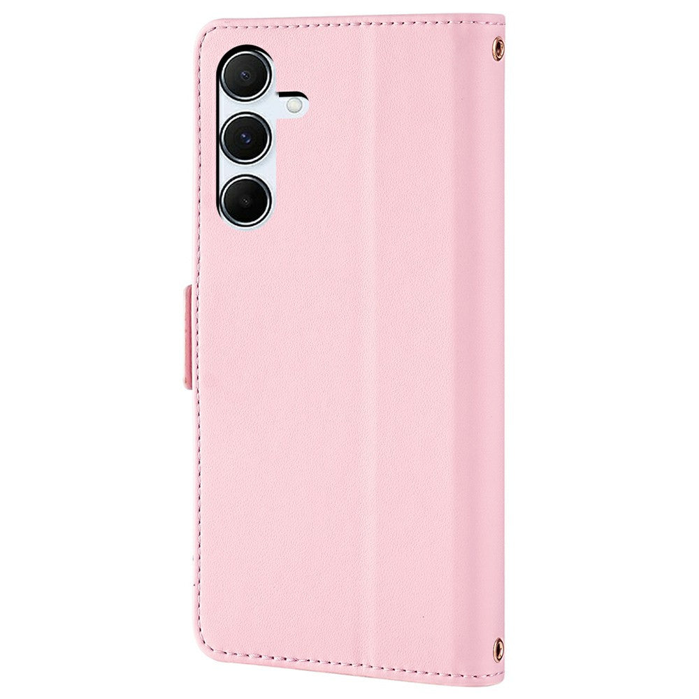 For Samsung Galaxy A16 5G / A16 4G Leather Wallet Case RFID Blocking Stand Cover with Hand Strap - Pink