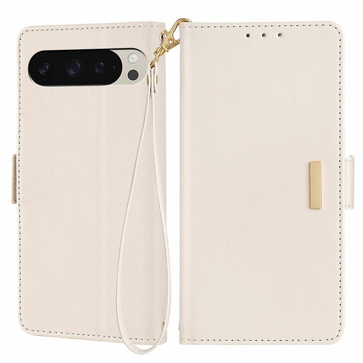 For Google Pixel 9 Pro / Pixel 9 Leather Wallet Case RFID Blocking Stand Cover with Hand Strap - White