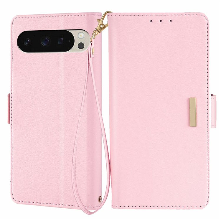 For Google Pixel 9 Pro / Pixel 9 Leather Wallet Case RFID Blocking Stand Cover with Hand Strap - Pink