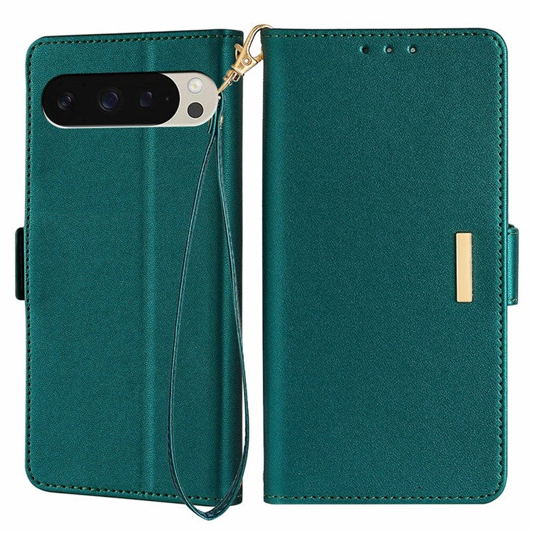 For Google Pixel 9 Pro / Pixel 9 Leather Wallet Case RFID Blocking Stand Cover with Hand Strap - Green