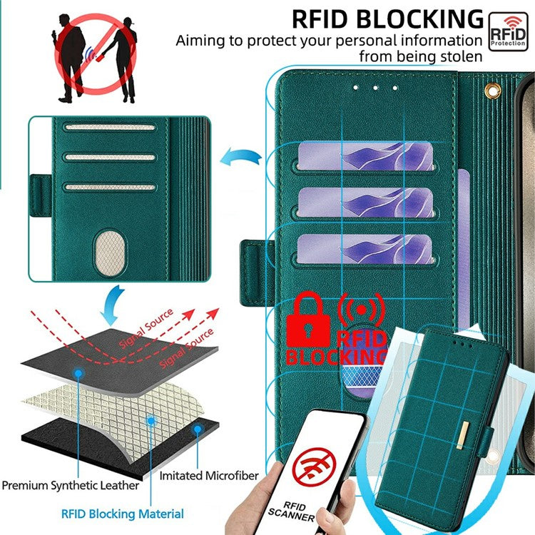 For Google Pixel 9 Pro / Pixel 9 Leather Wallet Case RFID Blocking Stand Cover with Hand Strap - Green