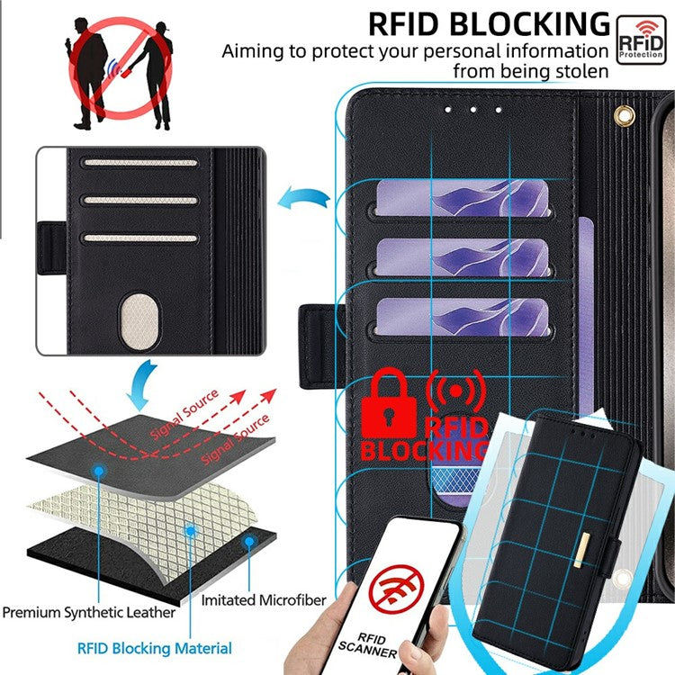 For Motorola Edge 50 Neo 5G / Moto S50 5G / Thinkphone 25 5G Leather Wallet Case RFID Blocking Stand Cover with Hand Strap - Black