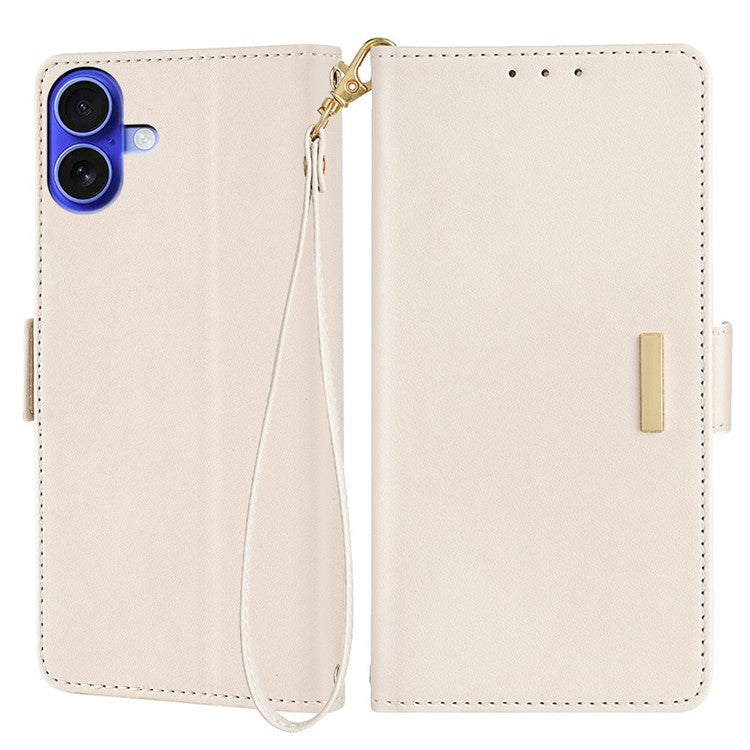 For iPhone 16 Leather Wallet Case RFID Blocking Stand Cover with Hand Strap - White