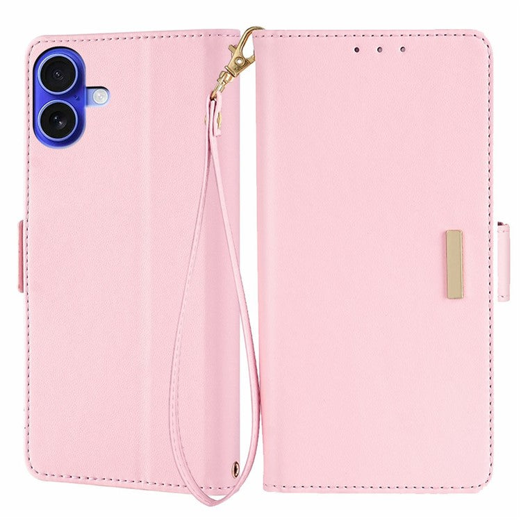 For iPhone 16 Leather Wallet Case RFID Blocking Stand Cover with Hand Strap - Pink