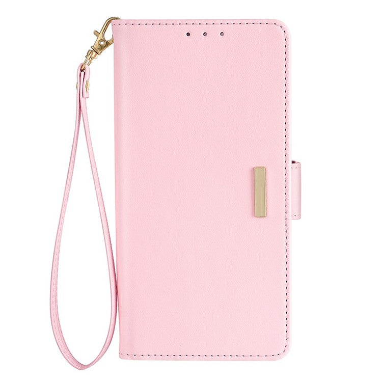 For iPhone 16 Leather Wallet Case RFID Blocking Stand Cover with Hand Strap - Pink