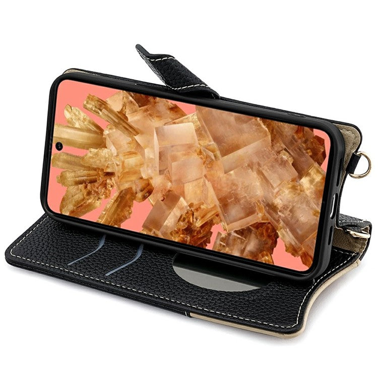 For Google Pixel 8 Leather Case Wallet Stand Cover Irregular Tail Style with Chain Strap - Black