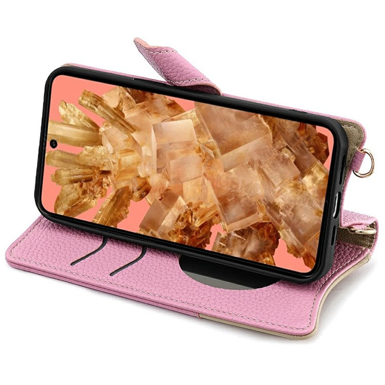 For Google Pixel 8 Leather Case Wallet Stand Cover Irregular Tail Style with Chain Strap - Pink