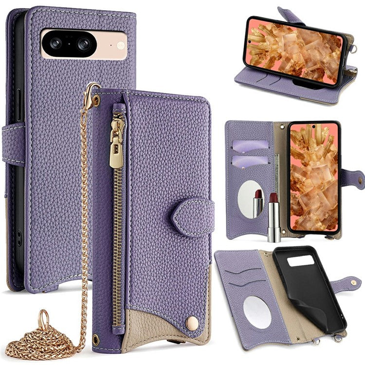 For Google Pixel 8 Leather Case Wallet Stand Cover Irregular Tail Style with Chain Strap - Purple