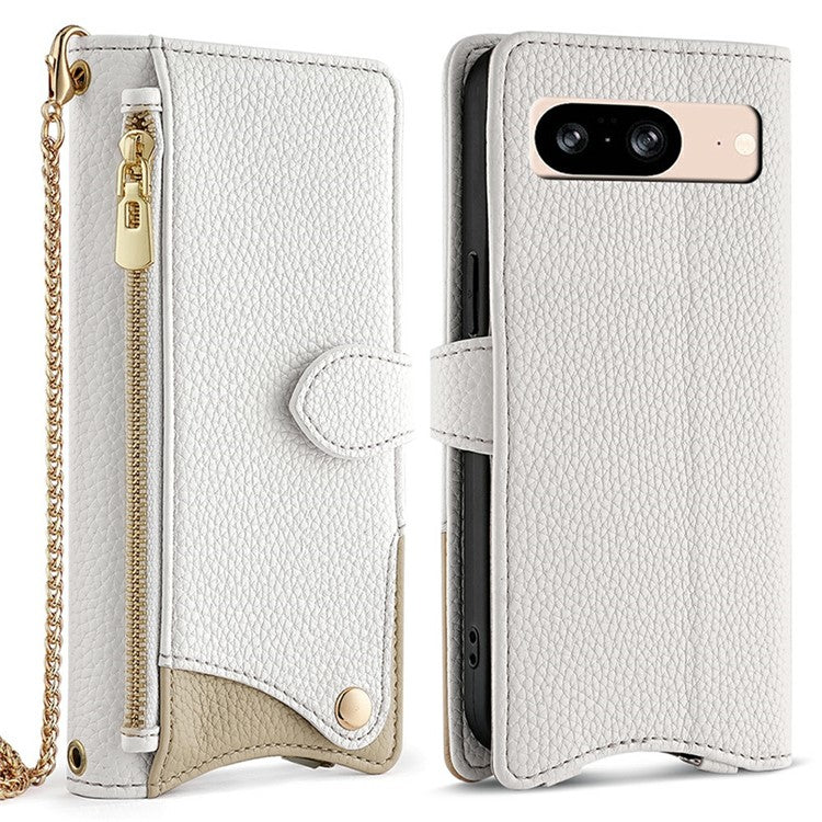 For Google Pixel 8 Leather Case Wallet Stand Cover Irregular Tail Style with Chain Strap - White