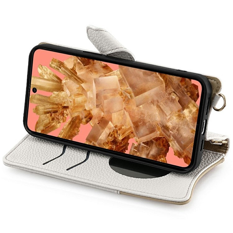 For Google Pixel 8 Leather Case Wallet Stand Cover Irregular Tail Style with Chain Strap - White