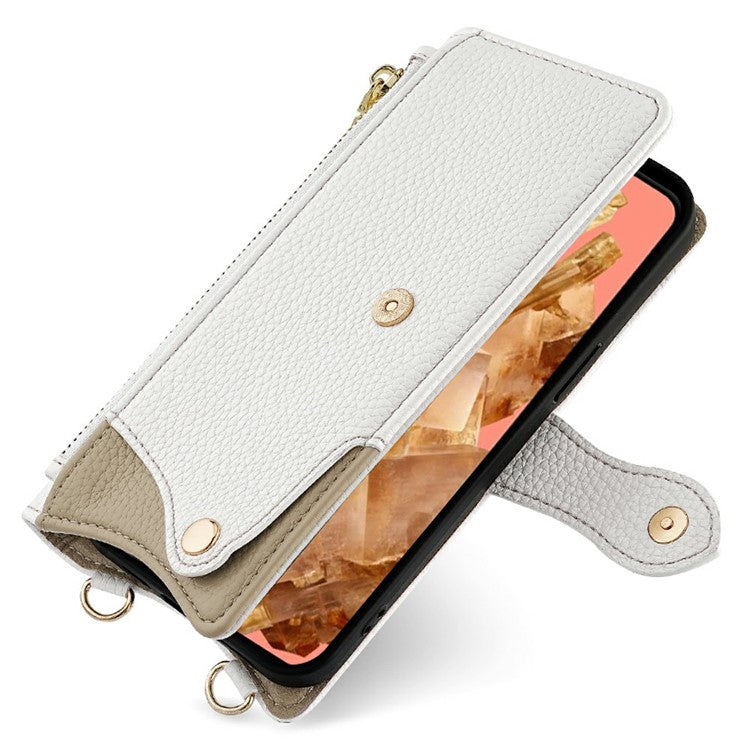 For Google Pixel 8 Leather Case Wallet Stand Cover Irregular Tail Style with Chain Strap - White