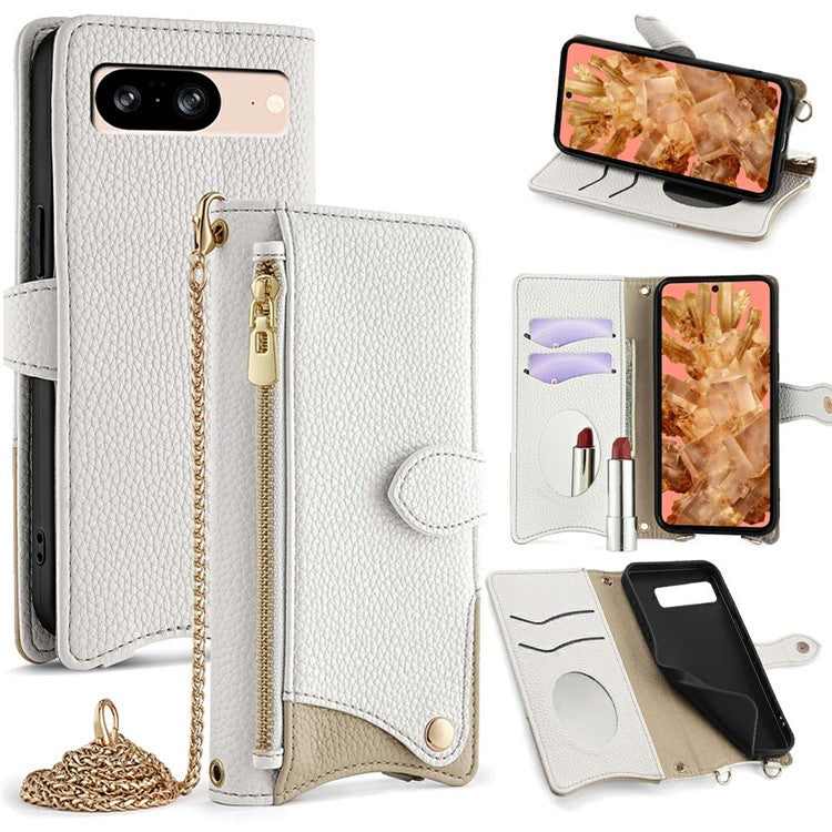 For Google Pixel 8 Leather Case Wallet Stand Cover Irregular Tail Style with Chain Strap - White