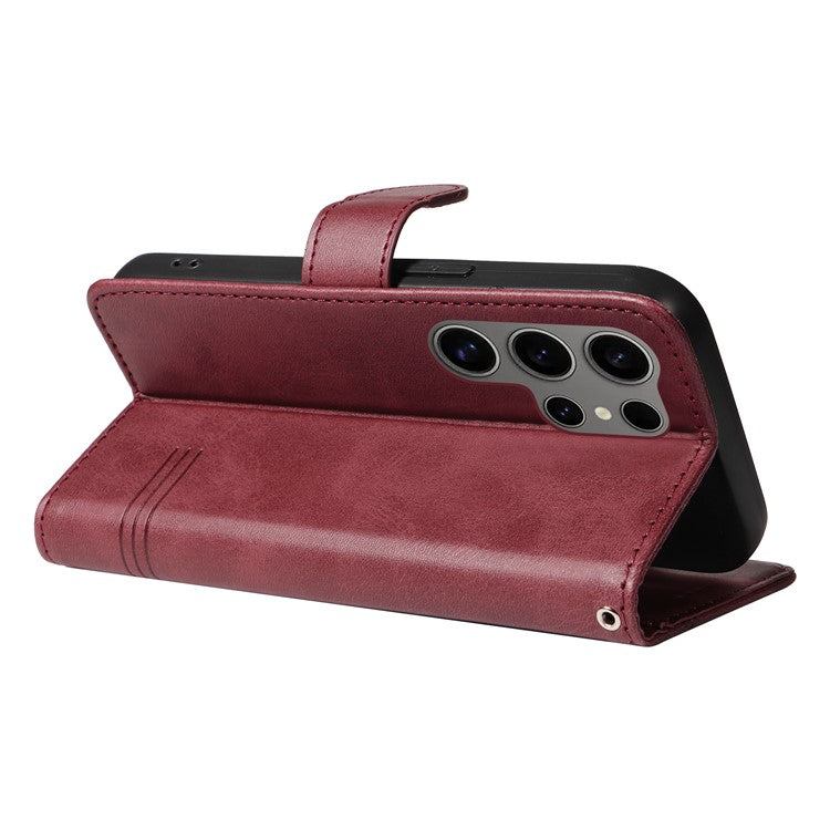 For Samsung Galaxy S25 Ultra Case Flip Wallet T-Shape Lines Leather Phone Cover - Wine Red