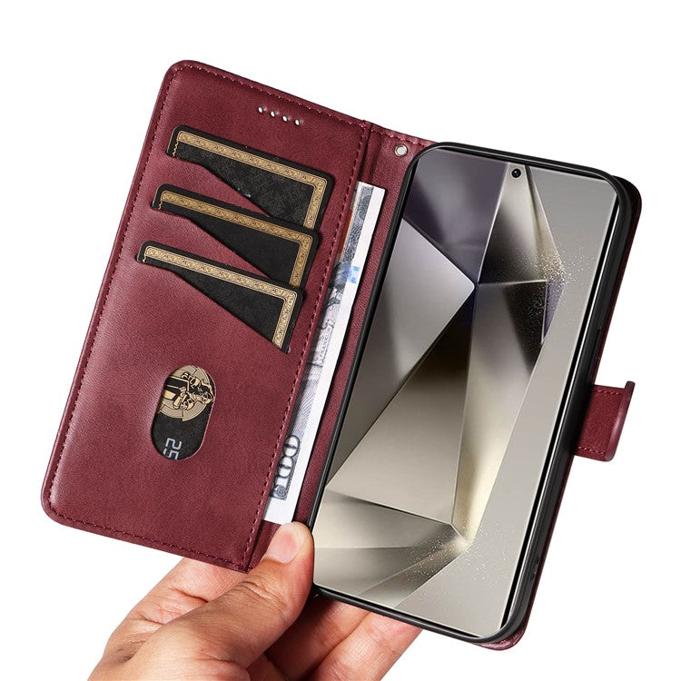 For Samsung Galaxy S25 Ultra Case Flip Wallet T-Shape Lines Leather Phone Cover - Wine Red