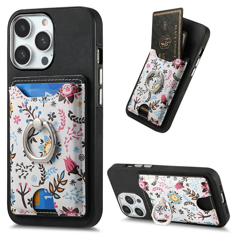 For iPhone 16 Pro Case Kickstand Leather Coated TPU Pattern Back Cover - Black