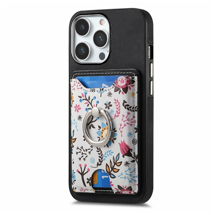 For iPhone 16 Pro Case Kickstand Leather Coated TPU Pattern Back Cover - Black