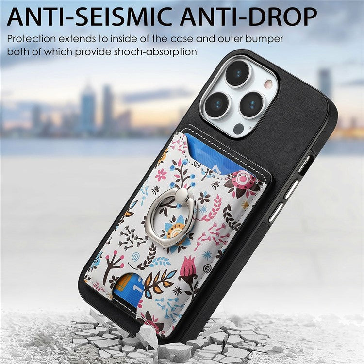 For iPhone 16 Pro Case Kickstand Leather Coated TPU Pattern Back Cover - Black