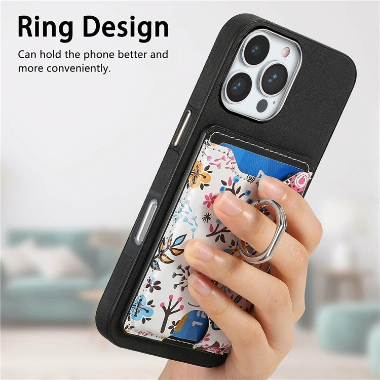 For iPhone 16 Pro Case Kickstand Leather Coated TPU Pattern Back Cover - Black