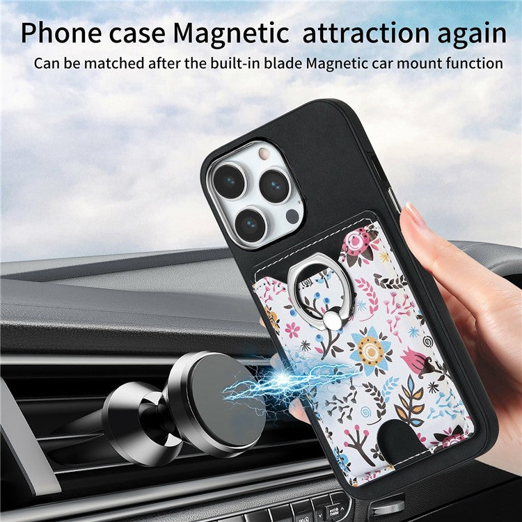 For iPhone 16 Pro Case Kickstand Leather Coated TPU Pattern Back Cover - Black
