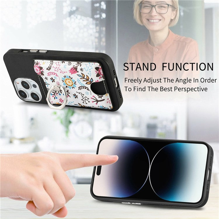 For iPhone 16 Pro Case Kickstand Leather Coated TPU Pattern Back Cover - Black