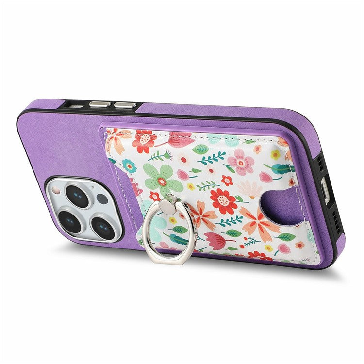 For iPhone 16 Pro Case Kickstand Leather Coated TPU Pattern Back Cover - Purple