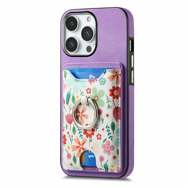 For iPhone 16 Pro Case Kickstand Leather Coated TPU Pattern Back Cover - Purple