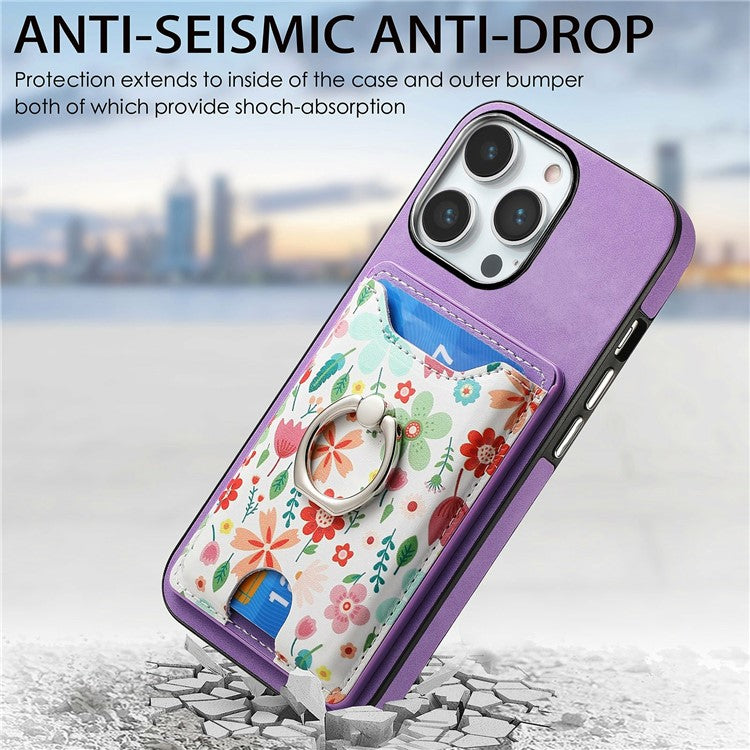 For iPhone 16 Pro Case Kickstand Leather Coated TPU Pattern Back Cover - Purple