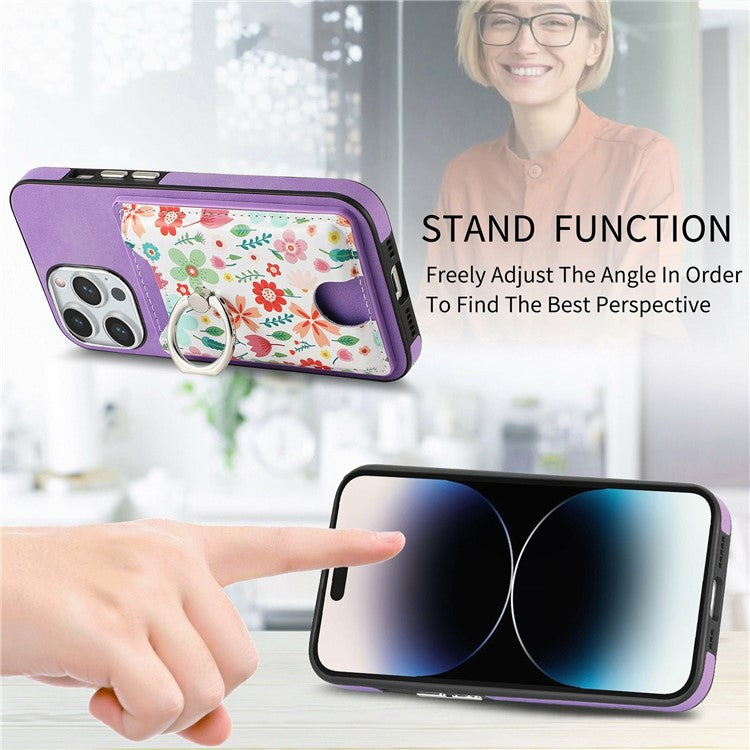 For iPhone 16 Pro Case Kickstand Leather Coated TPU Pattern Back Cover - Purple