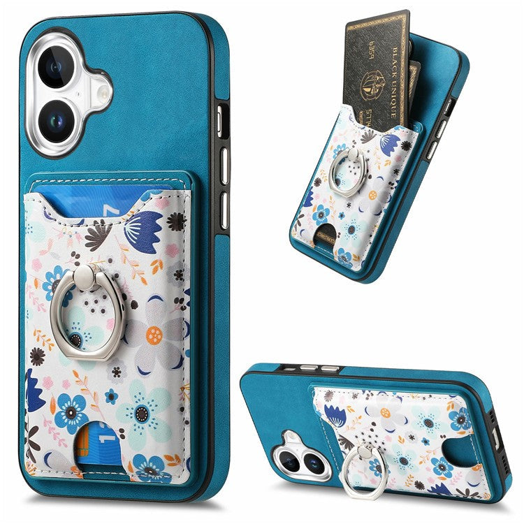 For iPhone 16 Case Kickstand Leather Coated TPU Pattern Back Cover - Blue