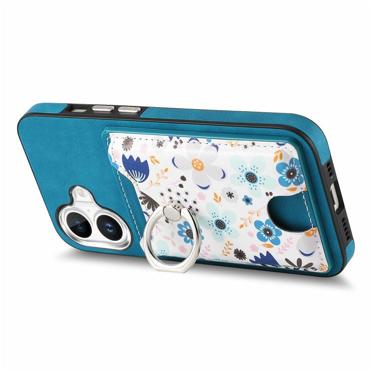 For iPhone 16 Case Kickstand Leather Coated TPU Pattern Back Cover - Blue