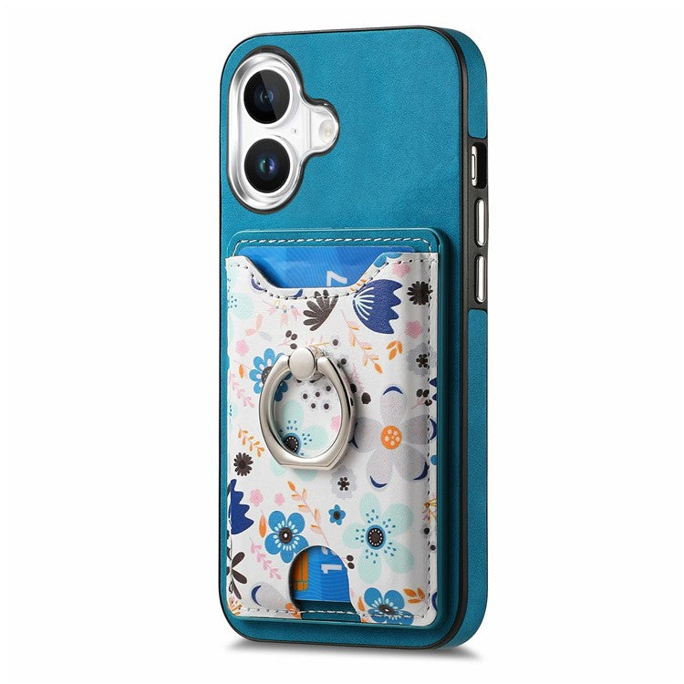 For iPhone 16 Case Kickstand Leather Coated TPU Pattern Back Cover - Blue
