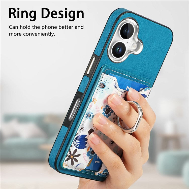 For iPhone 16 Case Kickstand Leather Coated TPU Pattern Back Cover - Blue