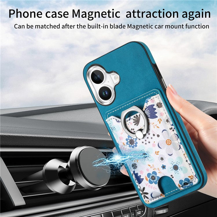 For iPhone 16 Case Kickstand Leather Coated TPU Pattern Back Cover - Blue