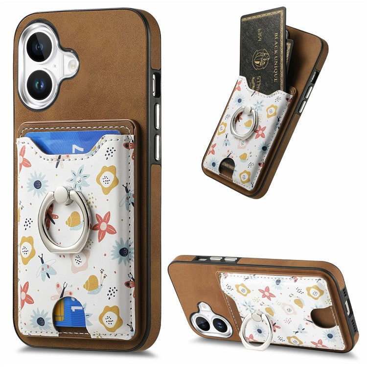 For iPhone 16 Case Kickstand Leather Coated TPU Pattern Back Cover - Brown