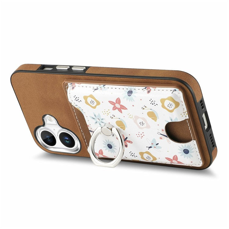 For iPhone 16 Case Kickstand Leather Coated TPU Pattern Back Cover - Brown