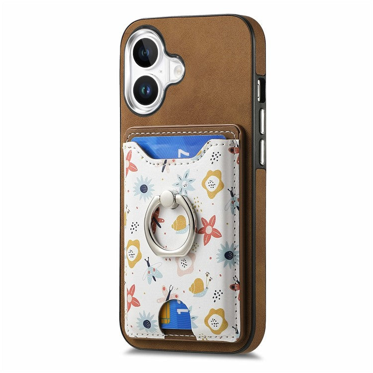 For iPhone 16 Case Kickstand Leather Coated TPU Pattern Back Cover - Brown