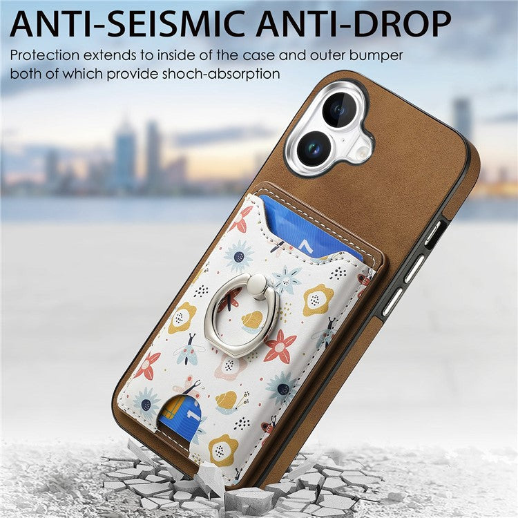 For iPhone 16 Case Kickstand Leather Coated TPU Pattern Back Cover - Brown