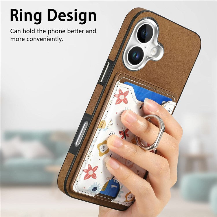 For iPhone 16 Case Kickstand Leather Coated TPU Pattern Back Cover - Brown