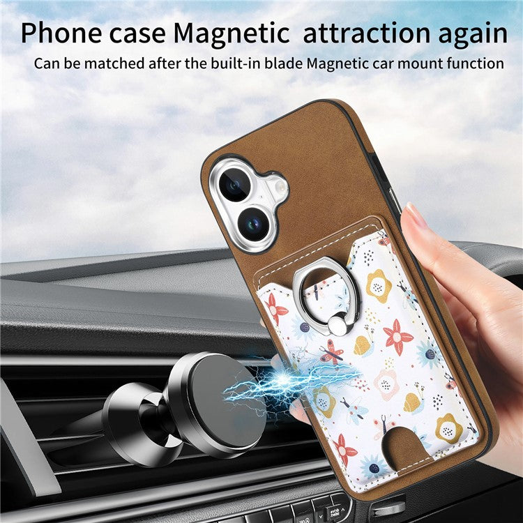 For iPhone 16 Case Kickstand Leather Coated TPU Pattern Back Cover - Brown