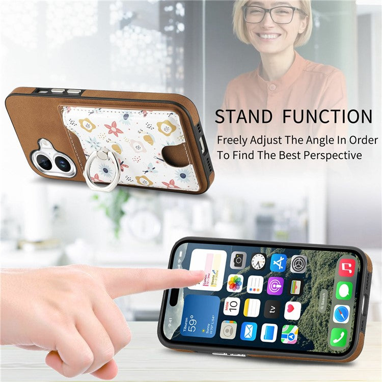 For iPhone 16 Case Kickstand Leather Coated TPU Pattern Back Cover - Brown