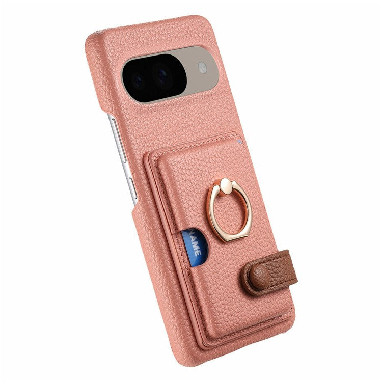 For Google Pixel 9 / 9 Pro Case Ring Holder Kickstand Card Slot Leather Phone Back Cover - Pink